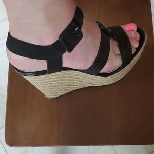 #9 Calvin Klein 9M Ellison espadrille sandals black leather patent & nubuck *